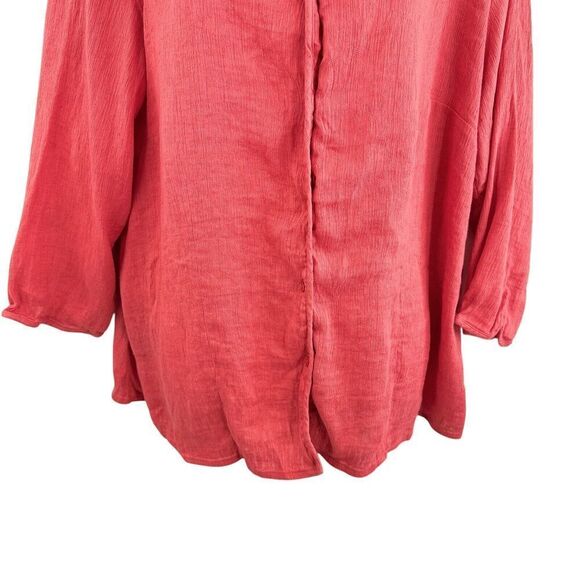 Eileen Fisher System Size 2X Collarless Button Shirt Coral Red Boxy Linen Cotton - Picture 4 of 11
